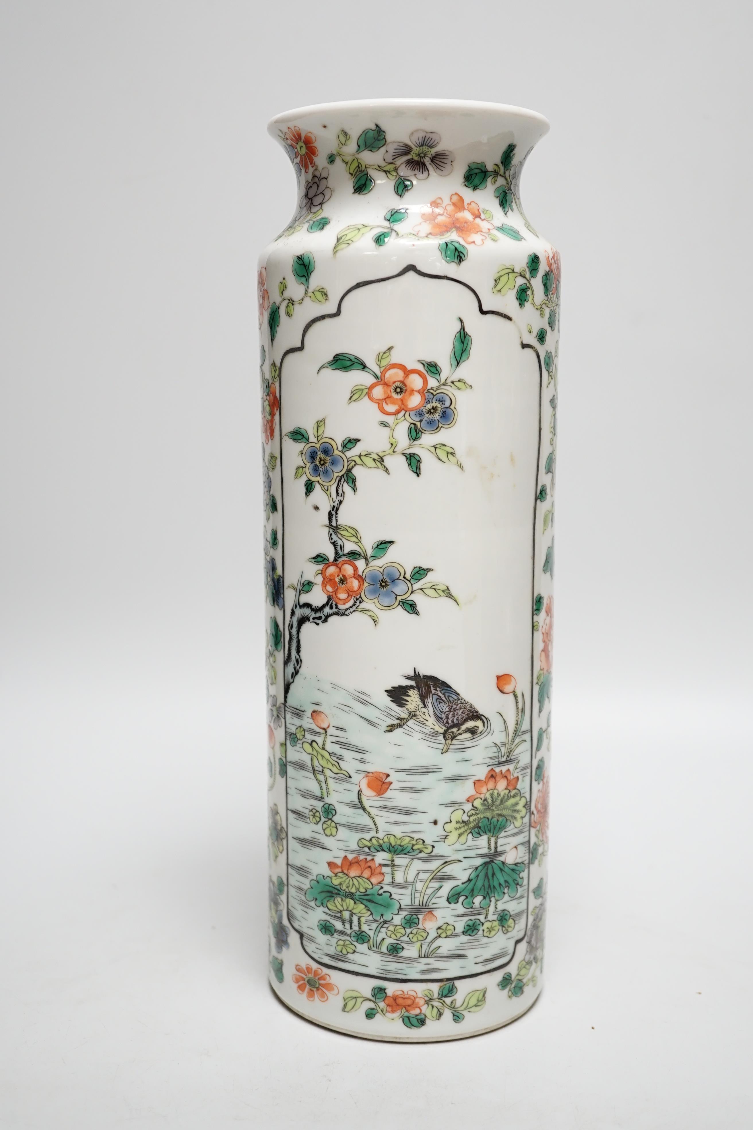 Early 20th century Chinese sleeve vase hand painted in the famille verte palette with birds and flowers, 30cm high